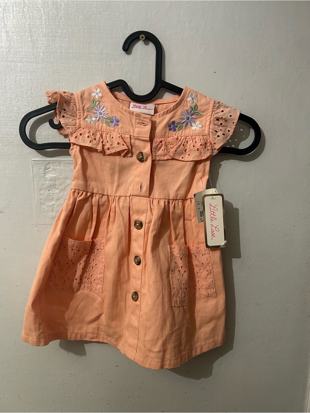 Little Lass Peach Eyelet Floral Button-Front Dress